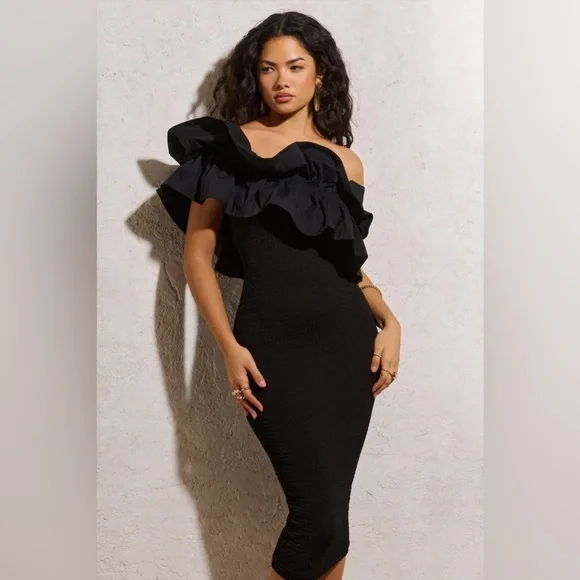 Club L London | Dresses | Never Worn When In Rome Black Asymmetric Ruffle  Midi Dress Saucy Classy Grad | Poshmark